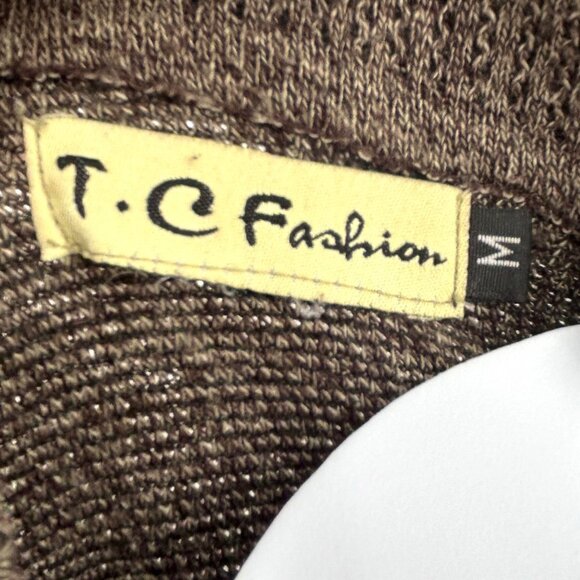 VTG T.C FASHION BROWN KNIT COLLARD CARDIGAN SWEATER EMBROIDERED DETAIL / POCKETS - Picture 3 of 4